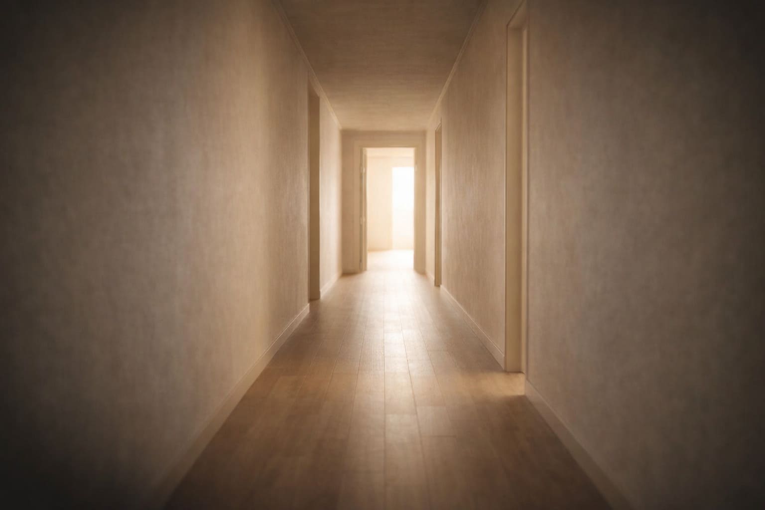 Couloir lumineux symbolisant un parcours de transformation intérieure et d’évolution personnelle