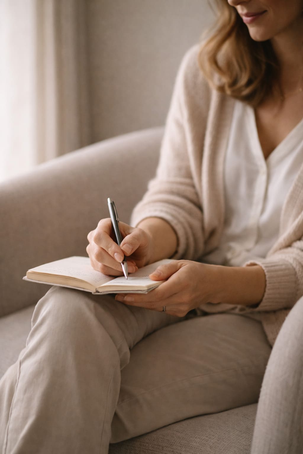 Femme écrivant dans un carnet lors d’un moment de réflexion personnelle, ambiance calme et apaisante