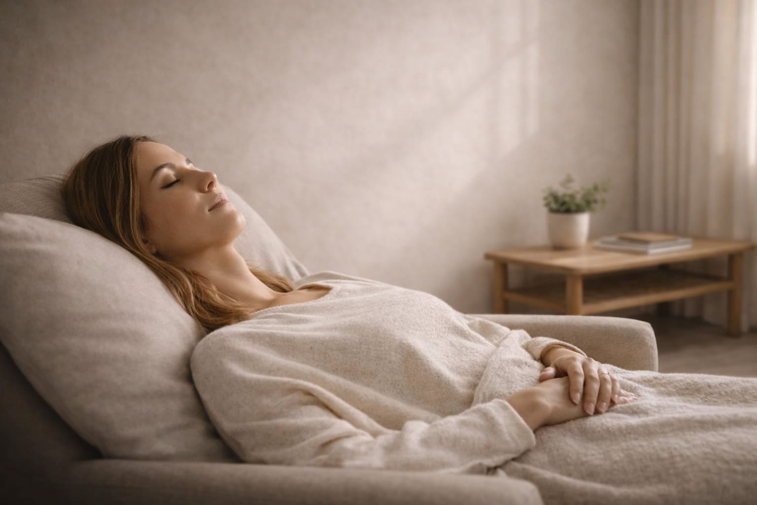 Femme en état de relaxation profonde lors d’une séance d’hypnose régressive pour explorer ses mémoires