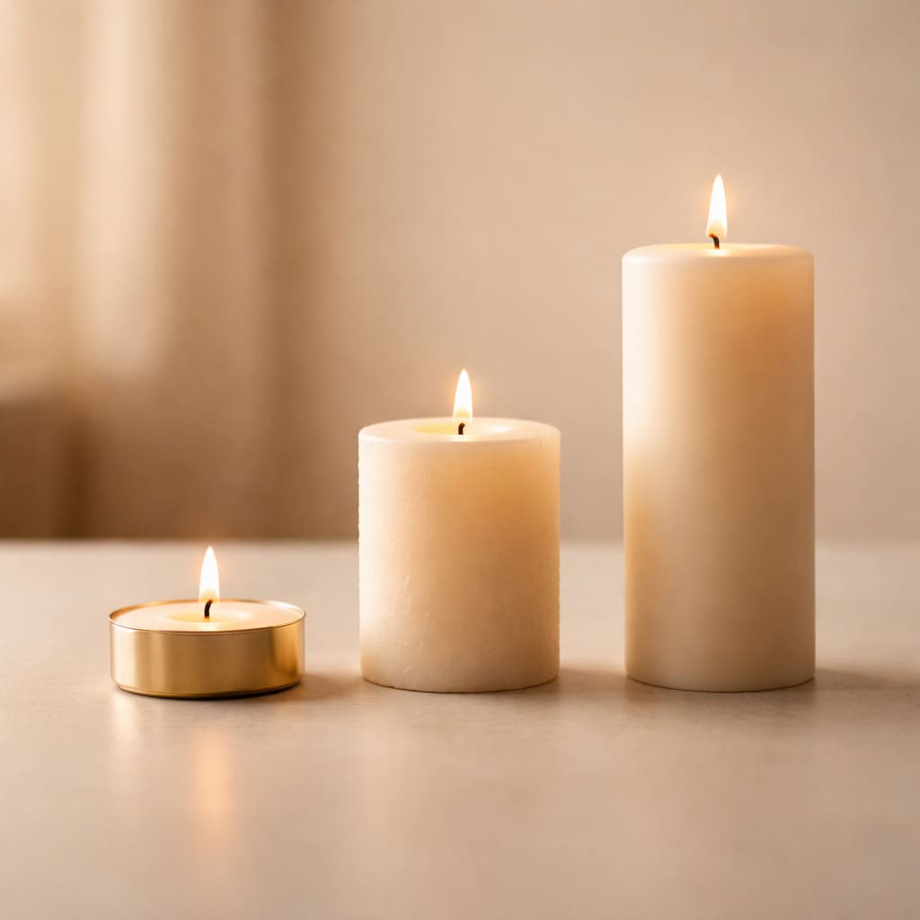 Trois bougies alignées représentant les étapes d’un processus de transformation en hypnose régressive